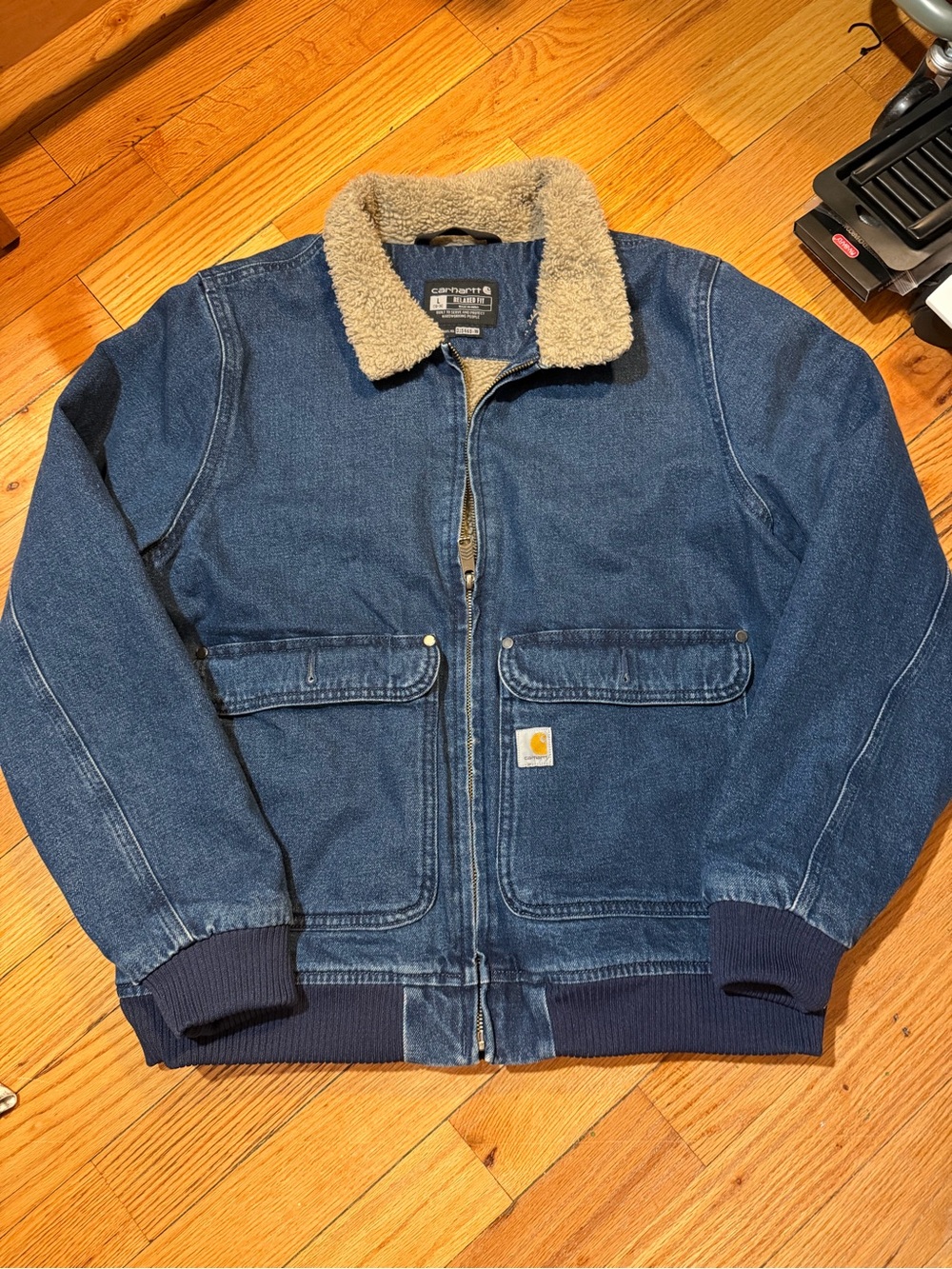 Women’s Large Carhartt Dark Blue Denim Sherpa Collar Work Jacket